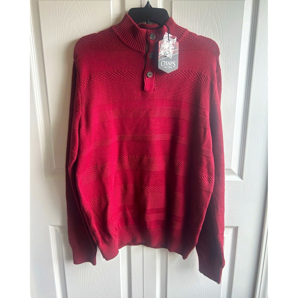 Chaps Men's Red Cotton Knit Mock Neck Henley Pullover Sweater Size M